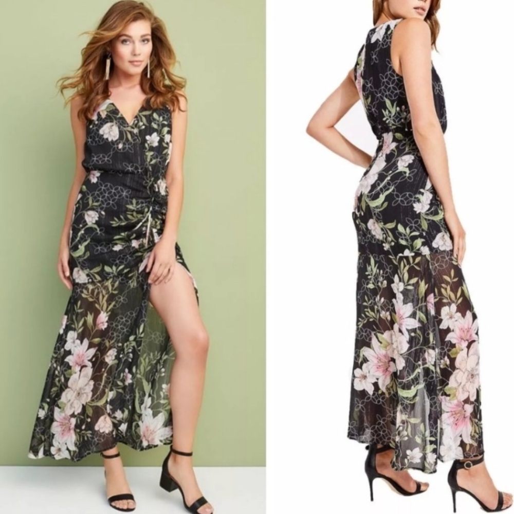 Guess Nadira Sheer Hem Floral Lily Maxi Dress Ruched Slit Sleeveless V Neck S